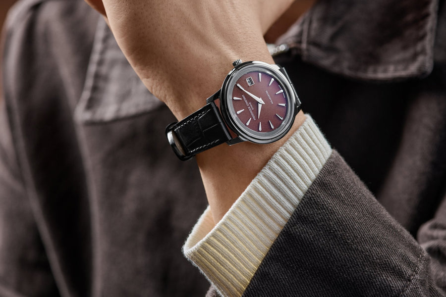Frederique Constant Classics Moneta Solarmetre with burgundy dial worn on the wrist