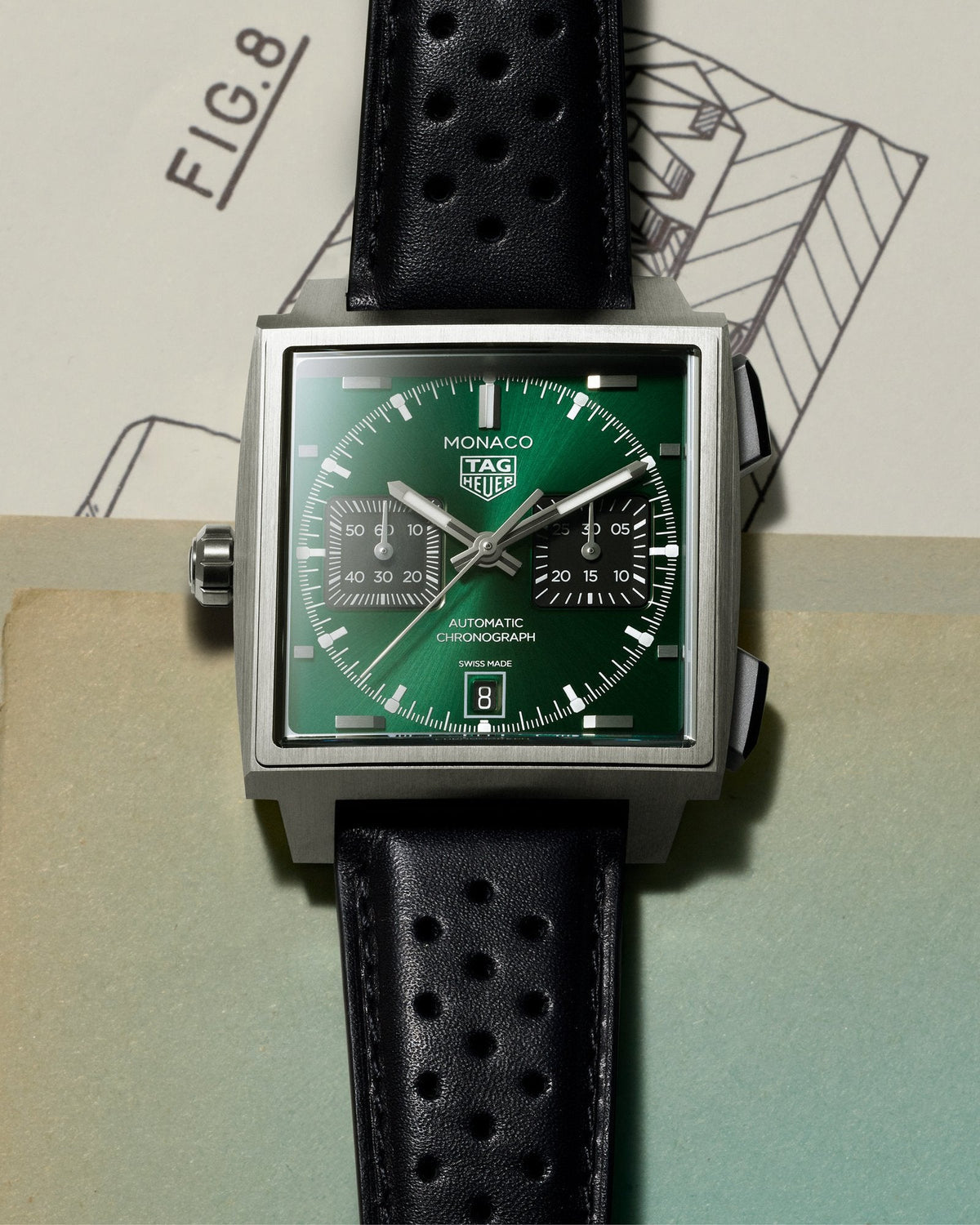 TAG Heuer Monaco Chronograph 39mm in green, 2026 generation styled press shot