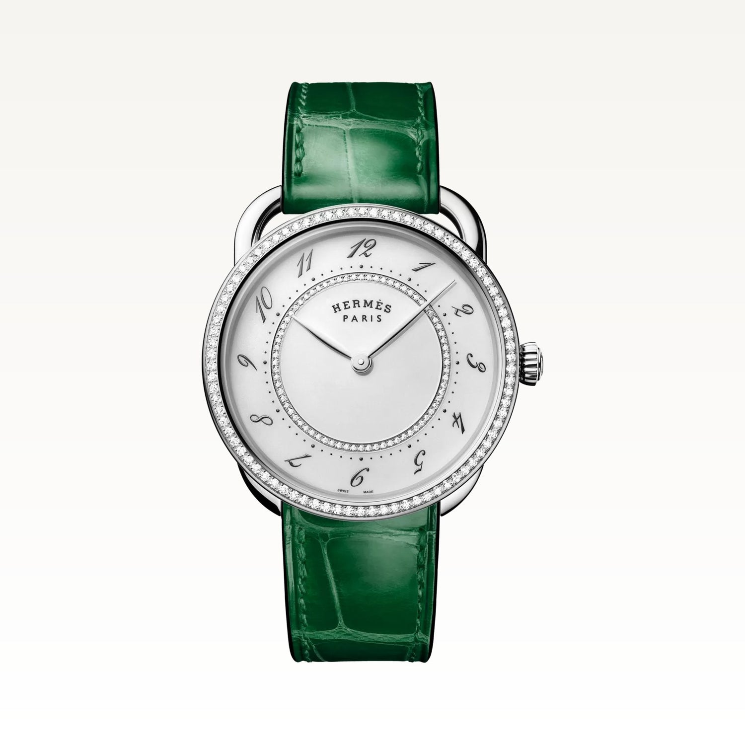 Hermès Arceau 36mm, steel case set with diamonds, green alligator strap