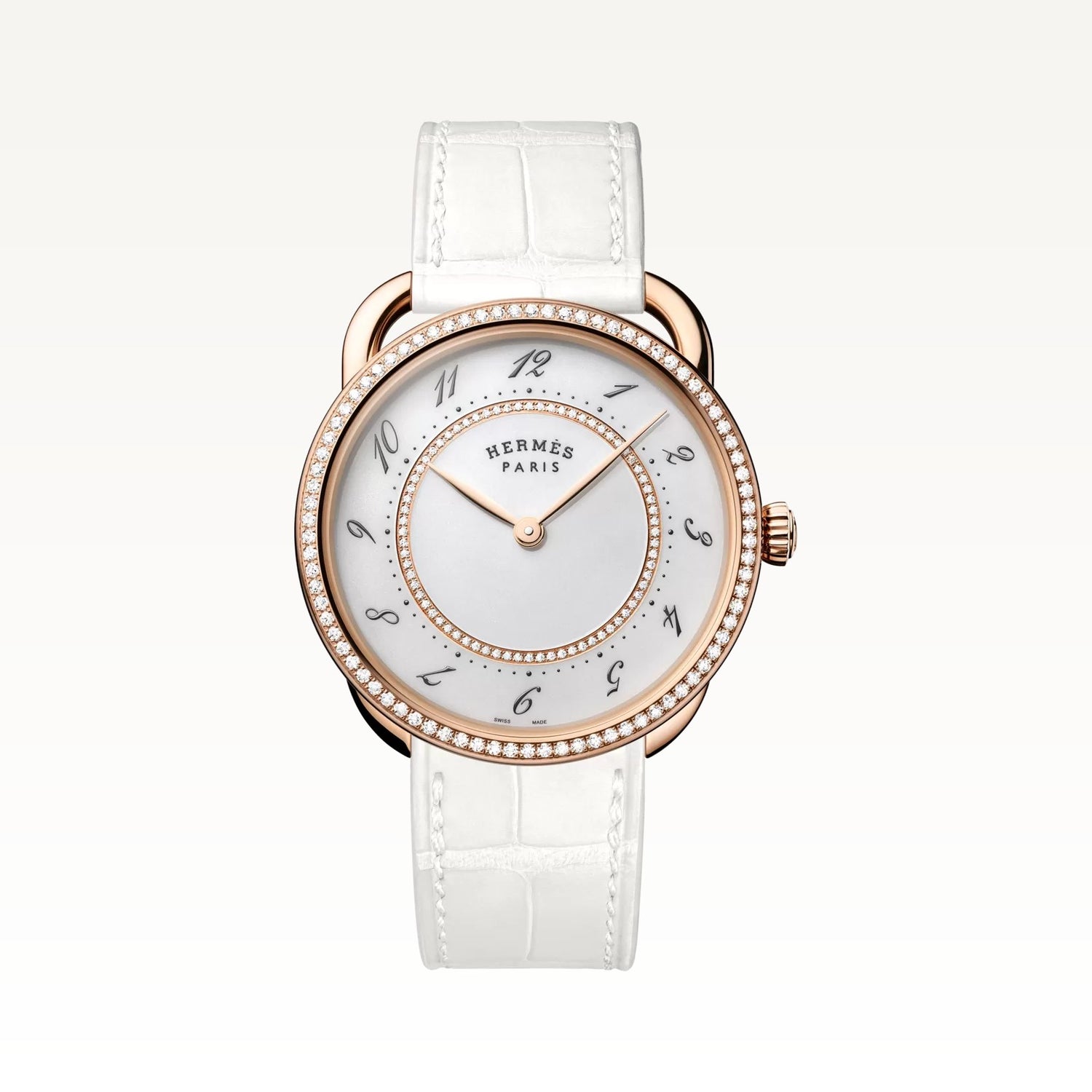 Hermès Arceau 36mm, rose gold case set with diamonds, white alligator strap