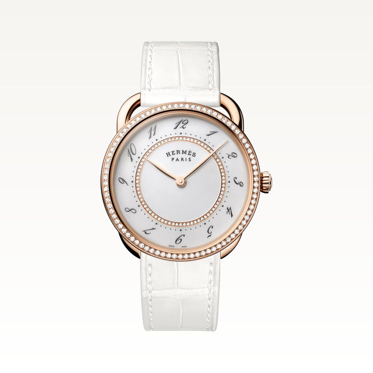 Hermès Arceau 36mm, rose gold case set with diamonds, white alligator strap