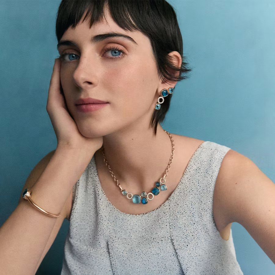 Pomellato Nudo blue topaz necklace and earrings, worn