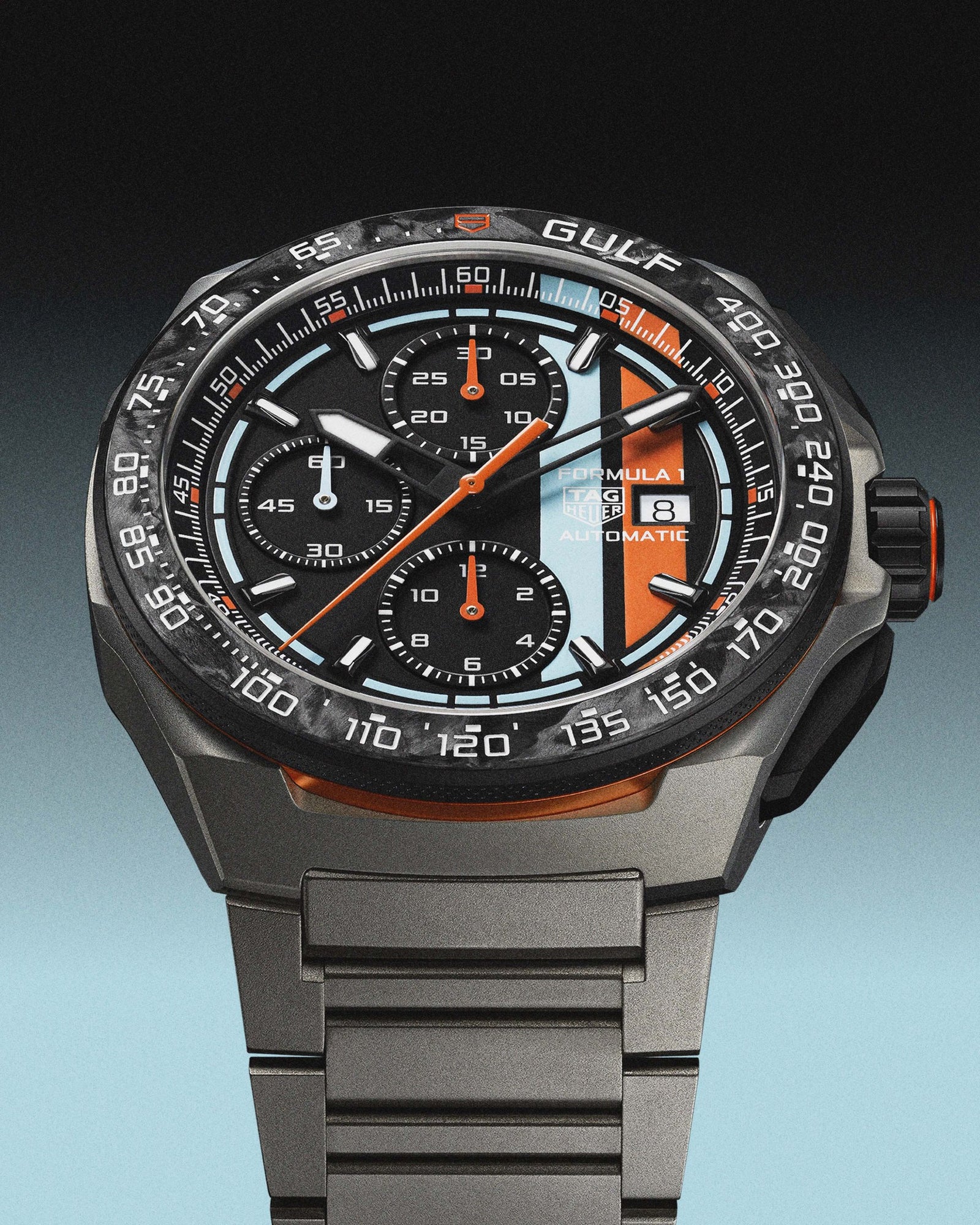 TAG Heuer Connected x Formula 1 in blue and orange, styled campaign shot