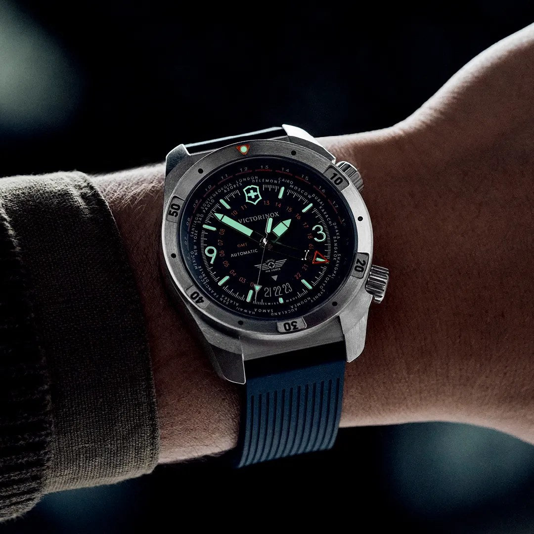 Victorinox dive watch on the wrist in low light