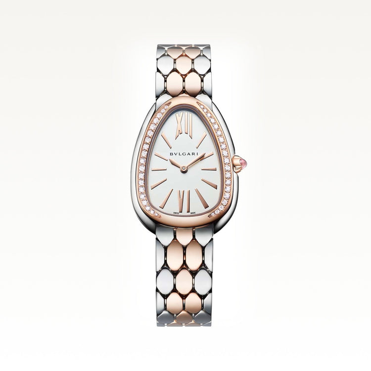 Serpenti Seduttori Quartz 33mm, White Dial with 38 Diamonds, Two-Tone Bracelet
